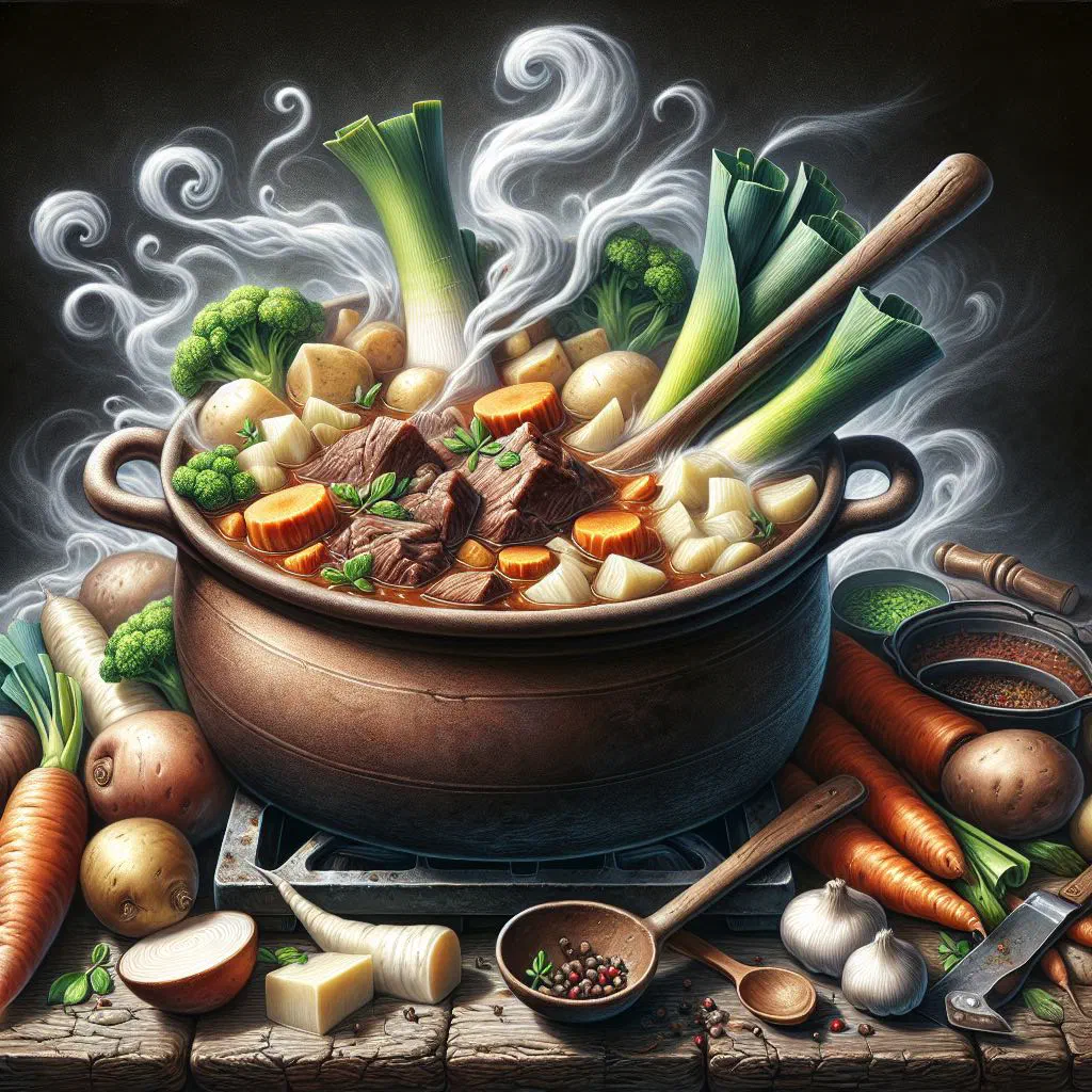 Pot-au-feu with simmered beef, carrots, leek and potatoes in a bowl of broth
