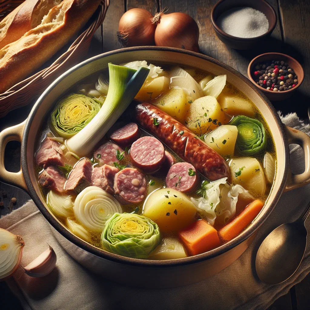 A bowl of Potée Lorraine with tender pork, carrots and potatoes