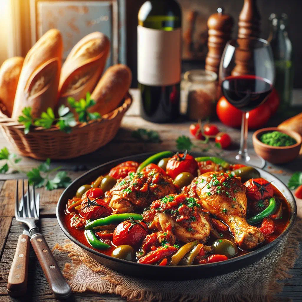 Poulet basquaise with chicken simmered in red and yellow peppers and tomatoes