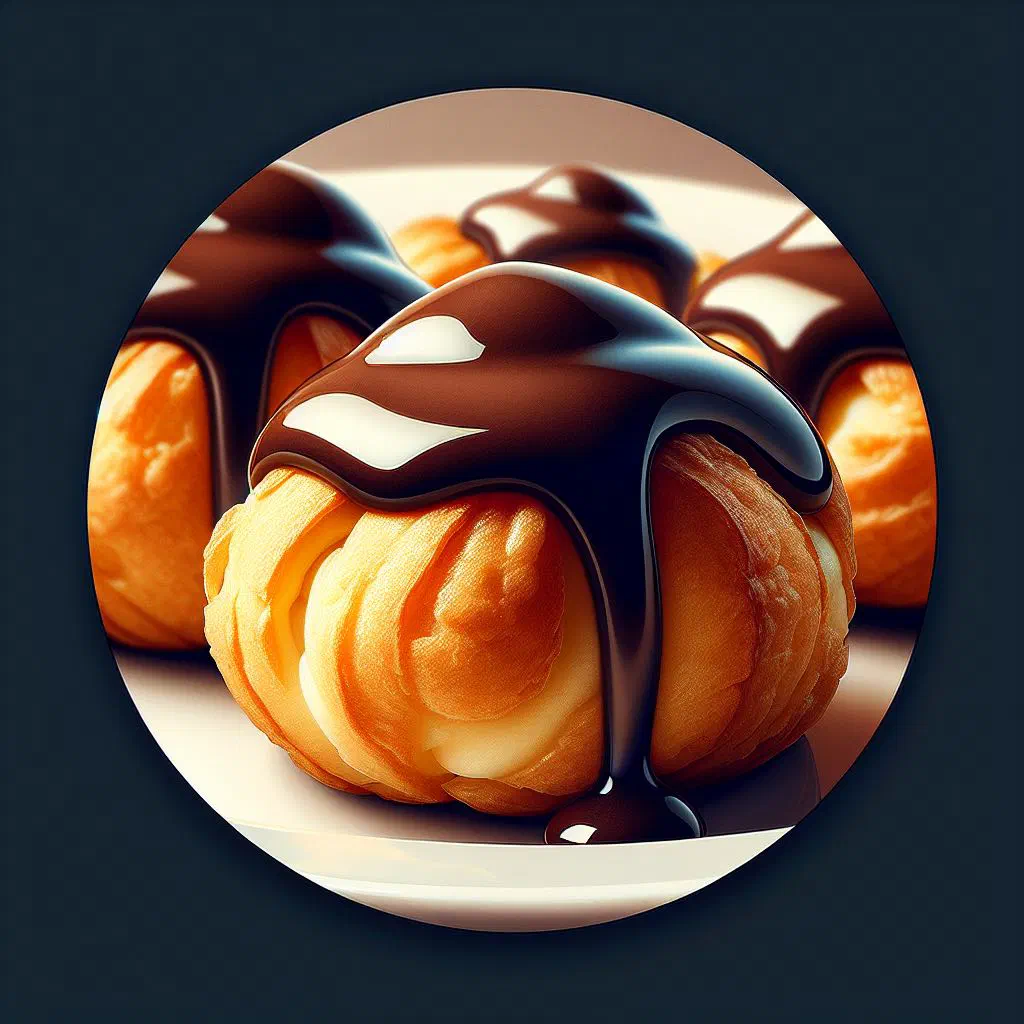 Profiteroles filled with cream and drizzled with dark chocolate sauce