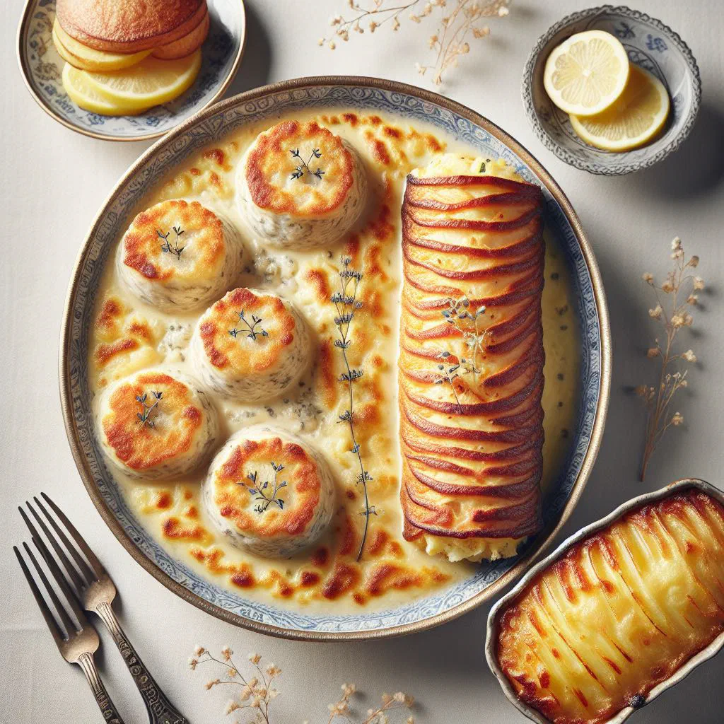Quenelles Lyonnaises served in a creamy sauce with fresh herbs