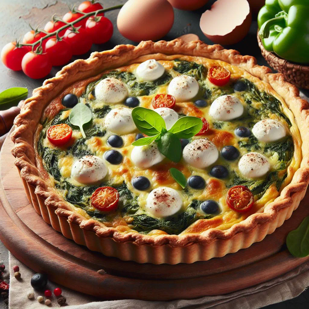 A golden spinach quiche with a creamy filling and crisp pastry crust