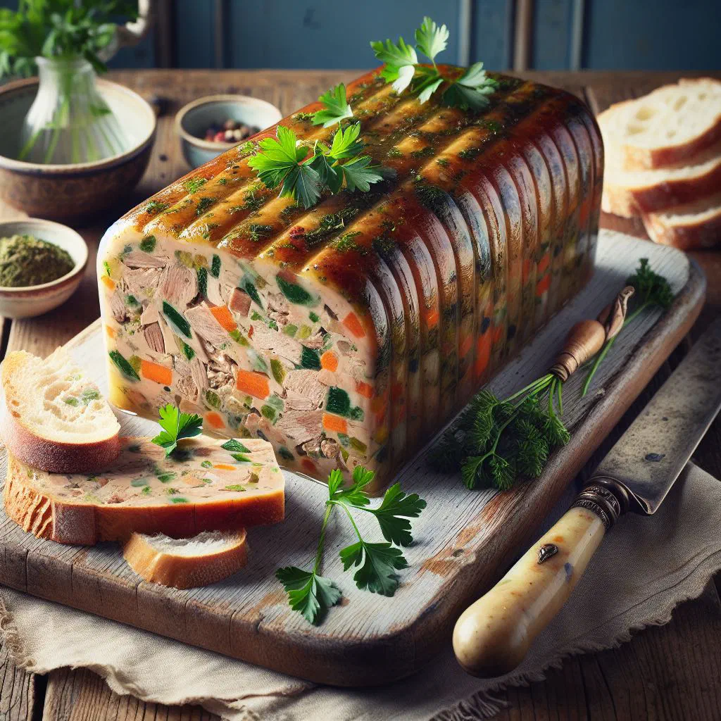 Sliced rabbit terrine served on a wooden board with fresh herbs