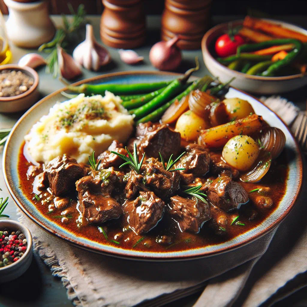 A bowl of slow-cooked lamb ragout with carrots and fresh thyme