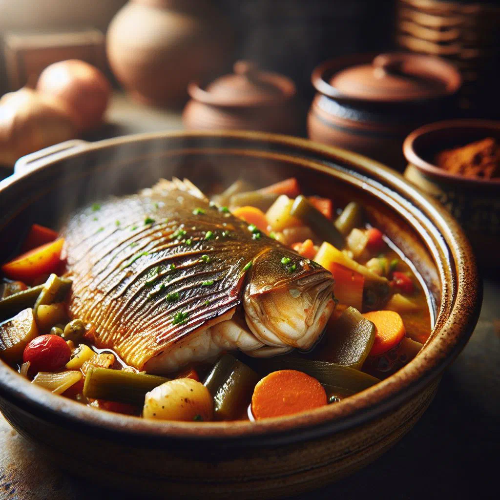 Ragoût de Lotte fish stew with monkfish, carrots and fresh herbs in a bowl