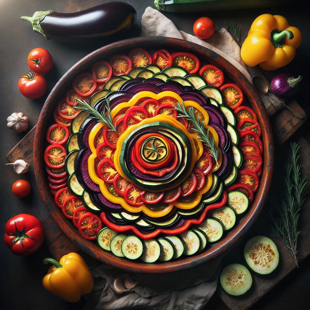 Ratatouille niçoise of stewed aubergine, courgette, peppers and tomatoes garnished with fresh herbs