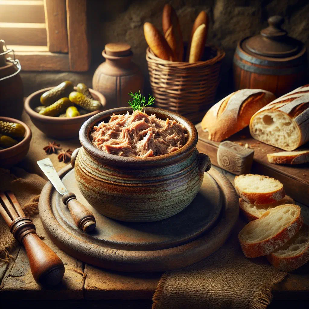 Pot of pork rillettes served with slices of fresh baguette
