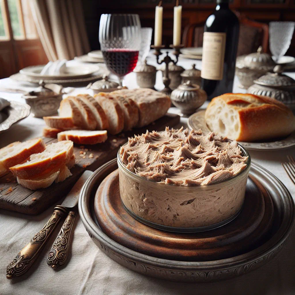 Pot of pork rillettes served with slices of fresh baguette