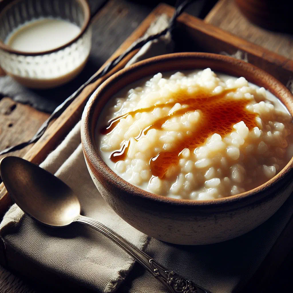 Creamy riz au lait rice pudding in a glass topped with a dusting of cinnamon