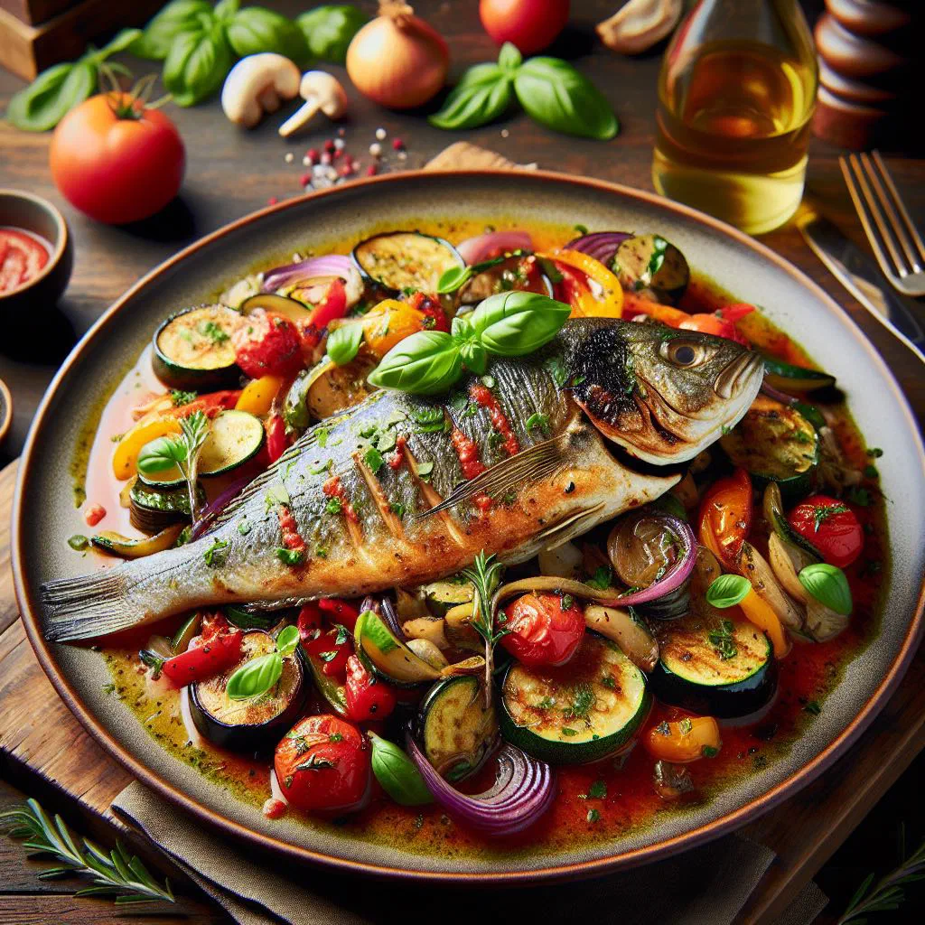 Pan-fried red mullet fillets with herbs, lemon and black olives