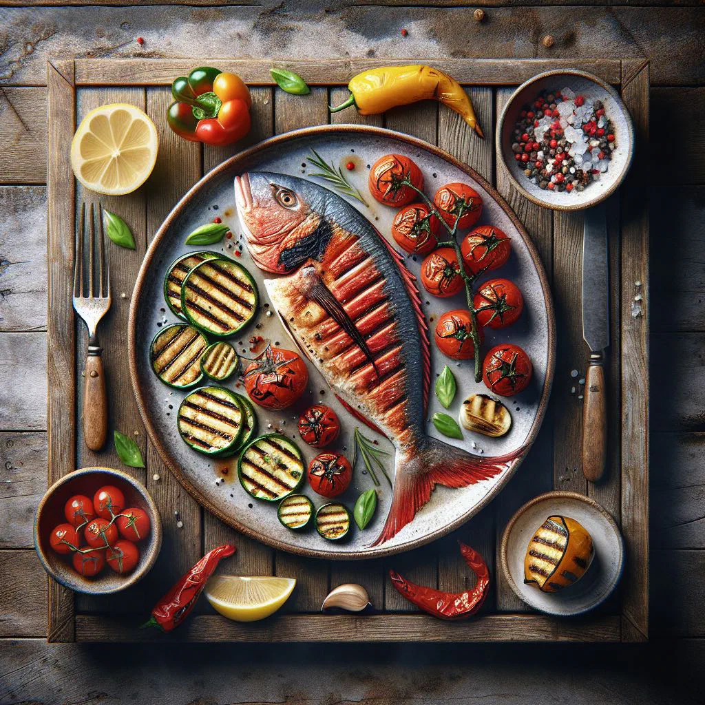 Grilled red mullet fillets garnished with fresh herbs and lemon