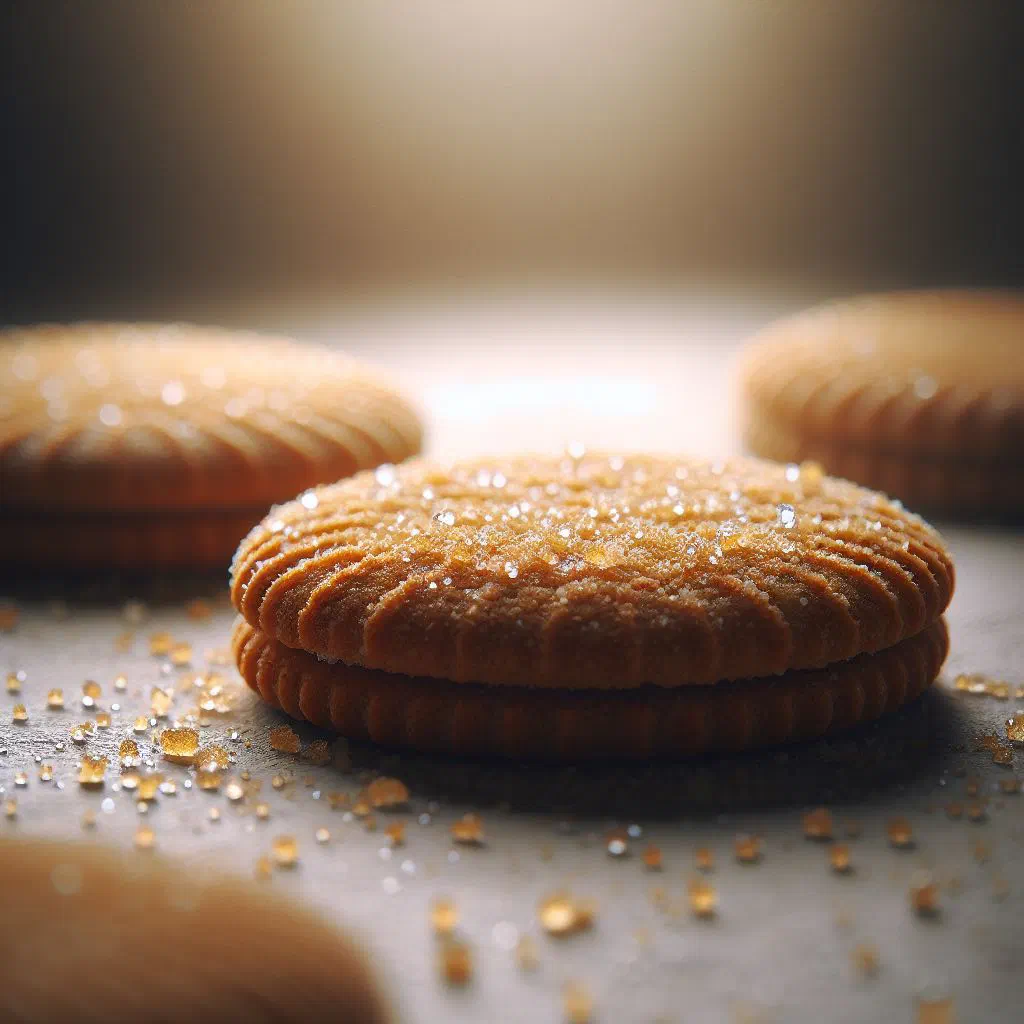 Golden round French sablé biscuits dusted with sugar