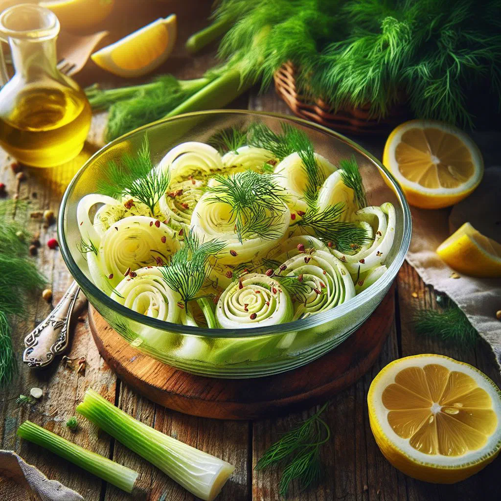 Thinly sliced fennel salad dressed with olive oil, lemon and fresh herbs