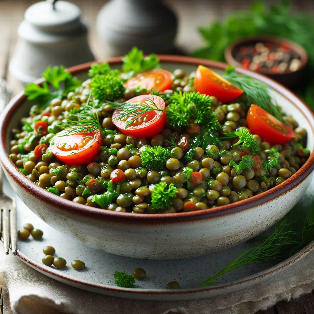 Green lentil salad with carrot, celery and fresh parsley in a bowl