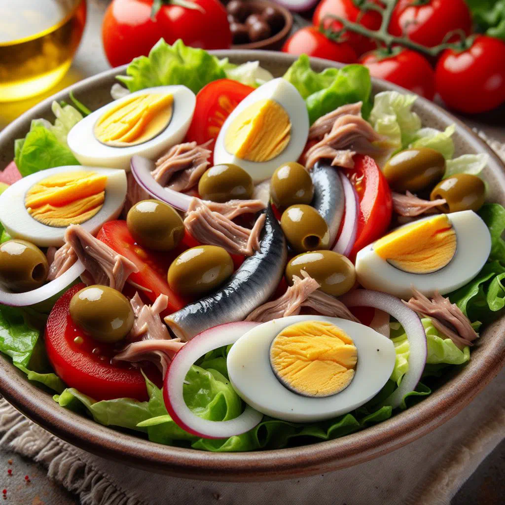 Salade niçoise with tuna, green beans, tomatoes, eggs and black olives
