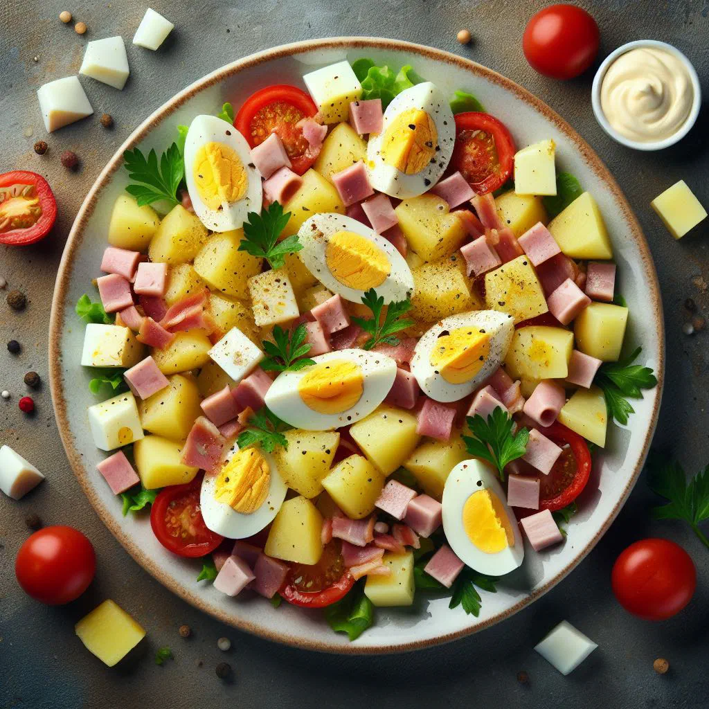 Creamy salade piémontaise with diced potatoes, green beans and chives