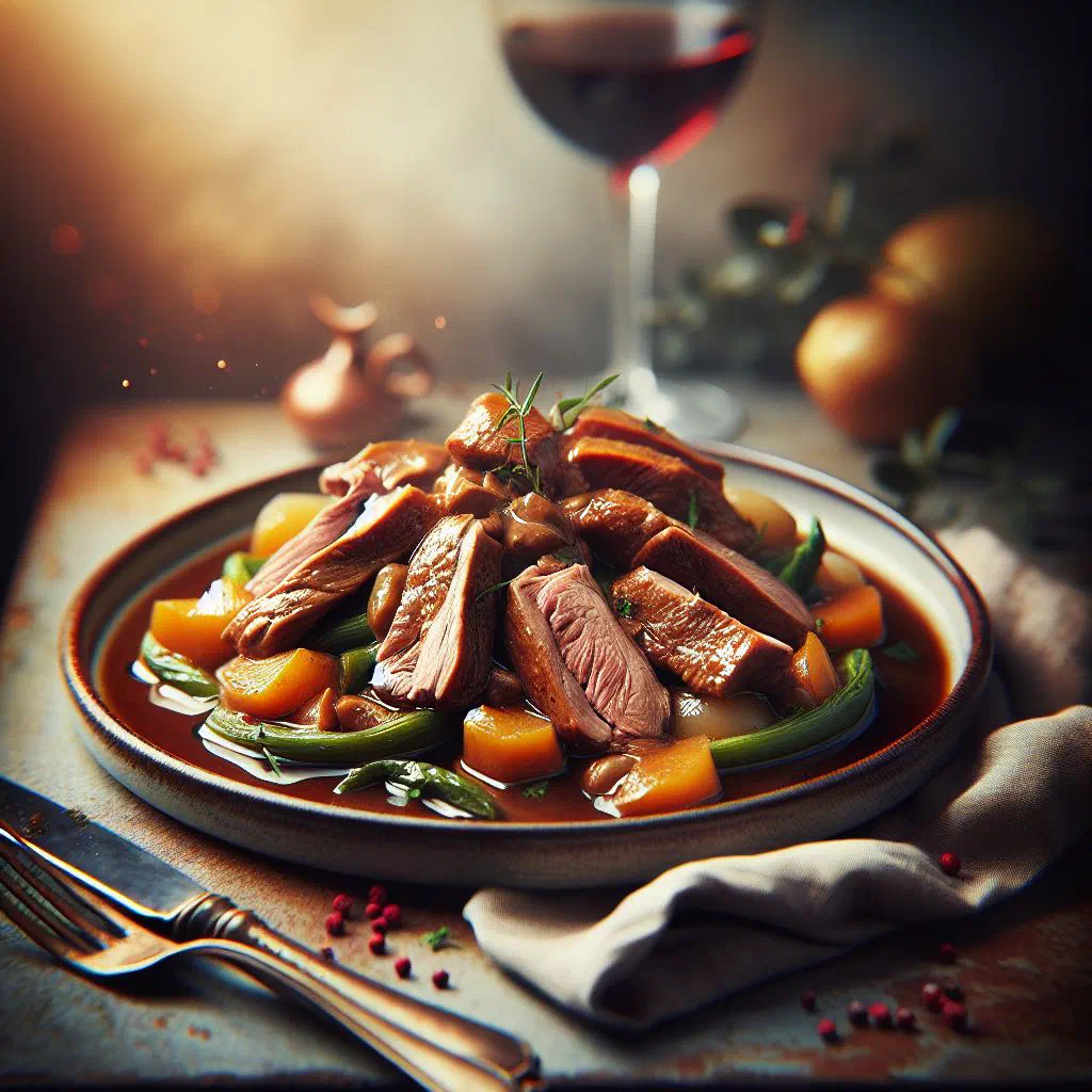 Braised duck in a rich red wine sauce with carrots and herbs