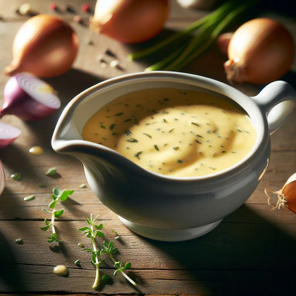 Creamy sauce béarnaise in a bowl, flecked with fresh tarragon