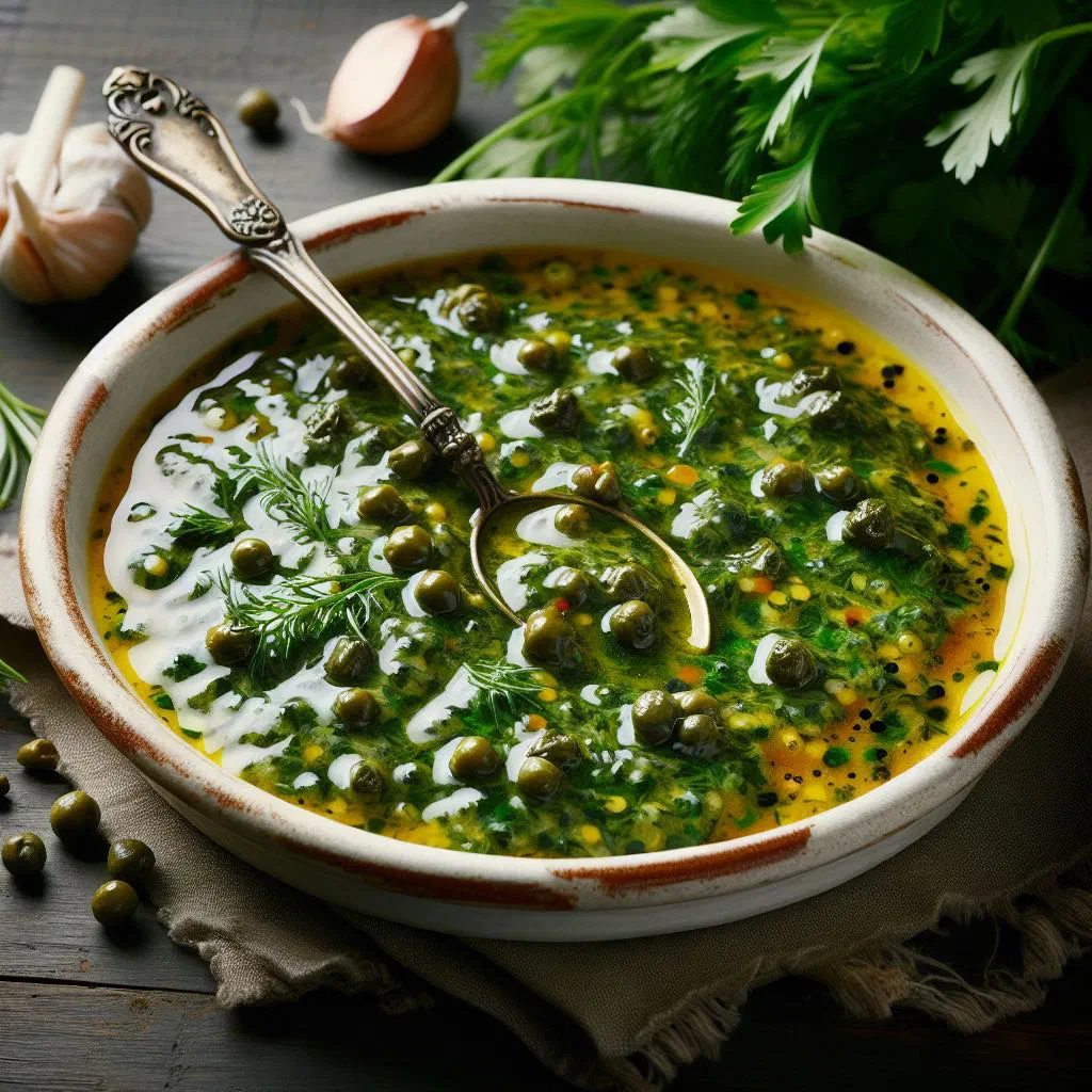 Sauce ravigote with fresh herbs in a small serving bowl