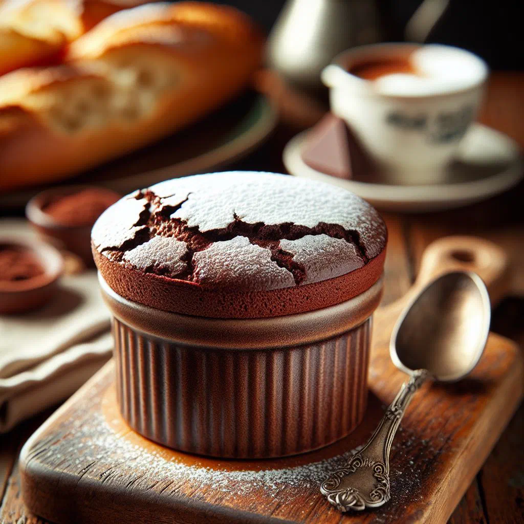 Risen chocolate soufflé dusted with icing sugar in a ramekin