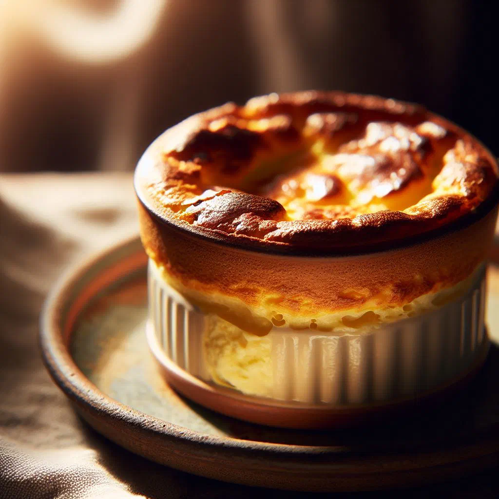 Golden risen cheese soufflé fresh from the oven in a ramekin