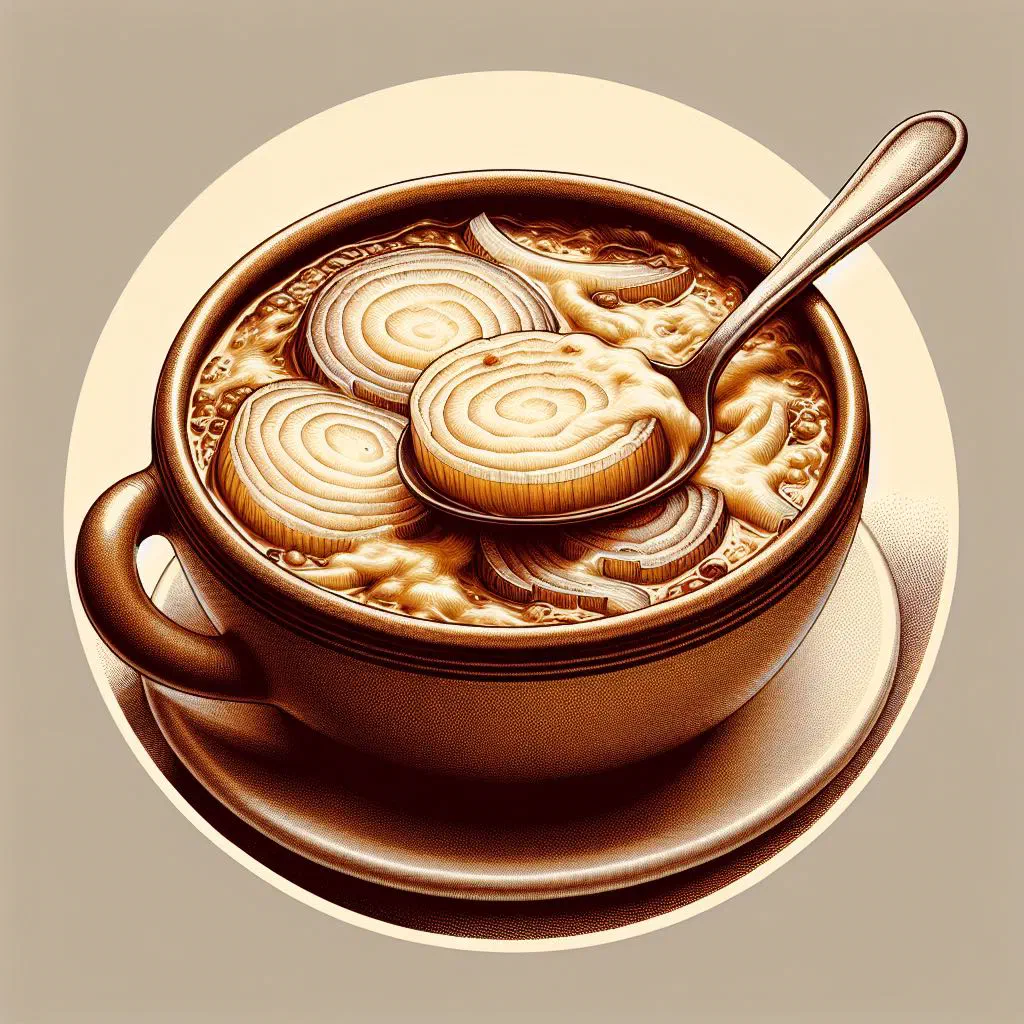 Bowl of soupe à l'oignon topped with melted golden cheese and toasted baguette