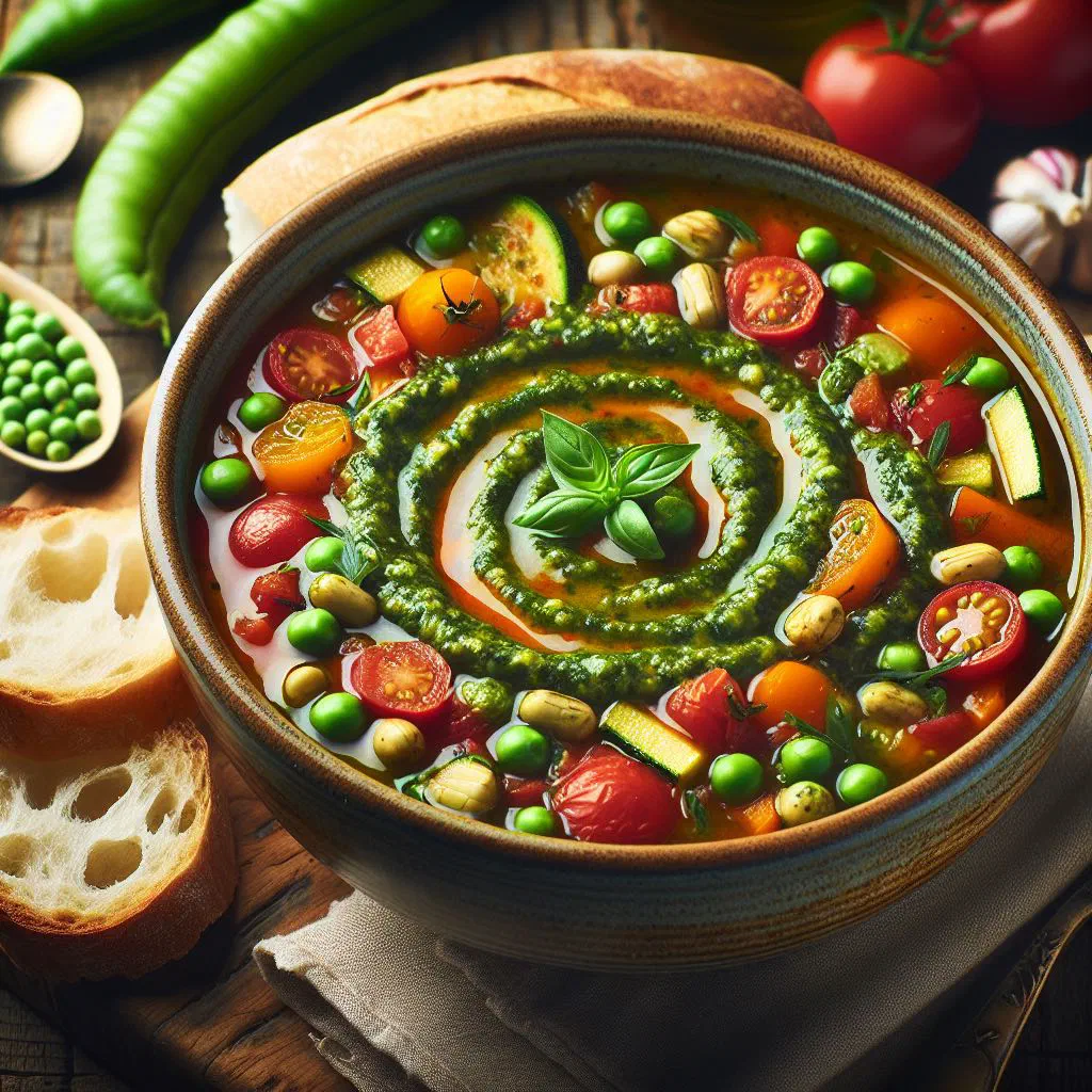 A bowl of soupe au pistou topped with a spoonful of basil pistou and fresh basil leaves
