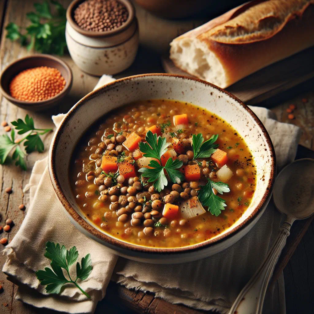 A bowl of French lentil soup garnished with fresh herbs