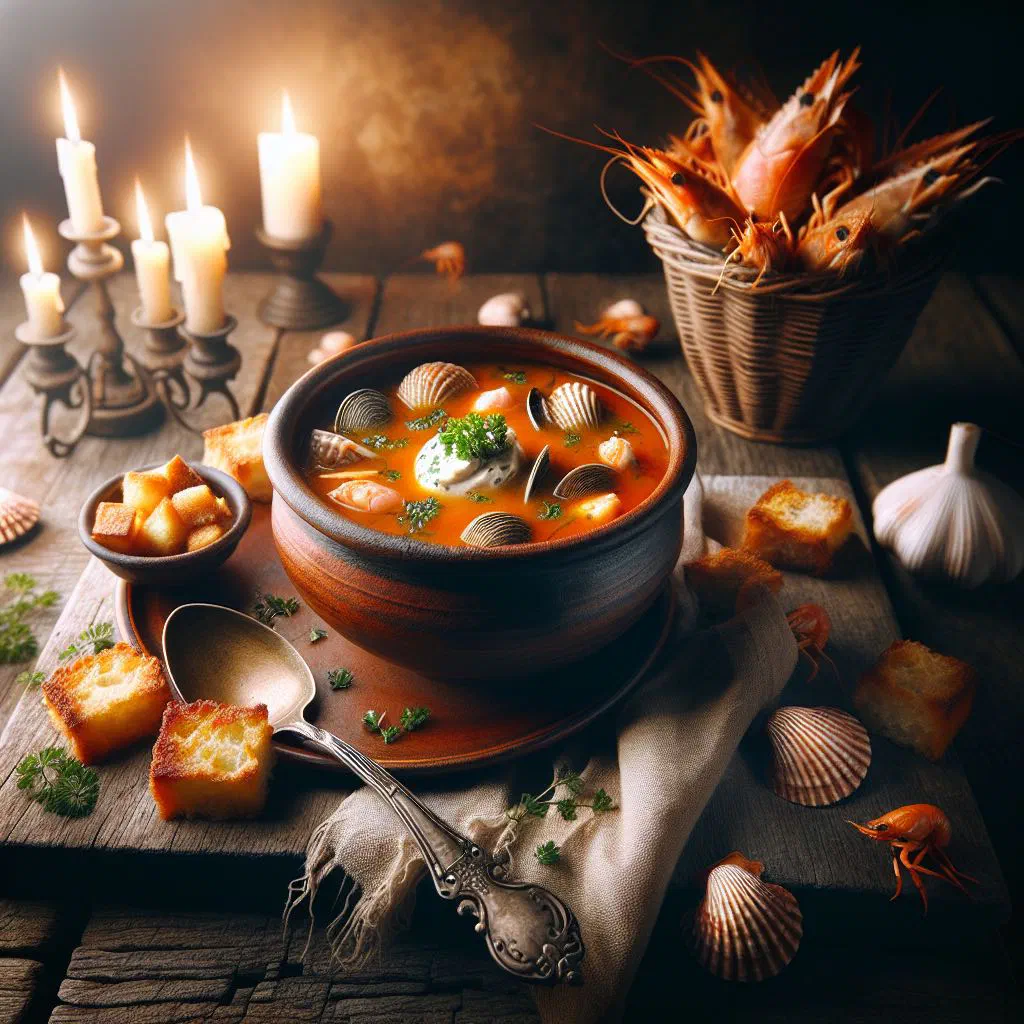 A rustic bowl of Provençal fish soup served with baguette and rouille