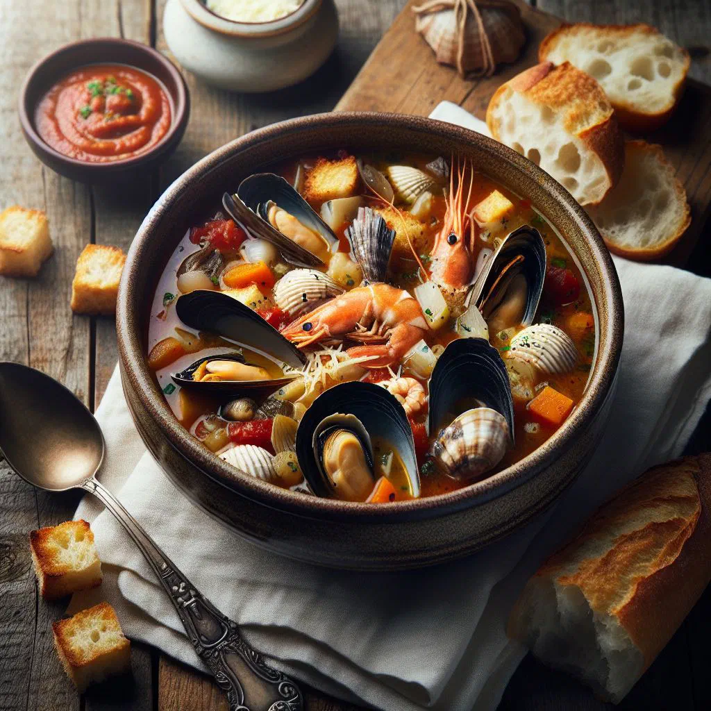 A bowl of Sétoise fish soup served with rouille and crusty baguette