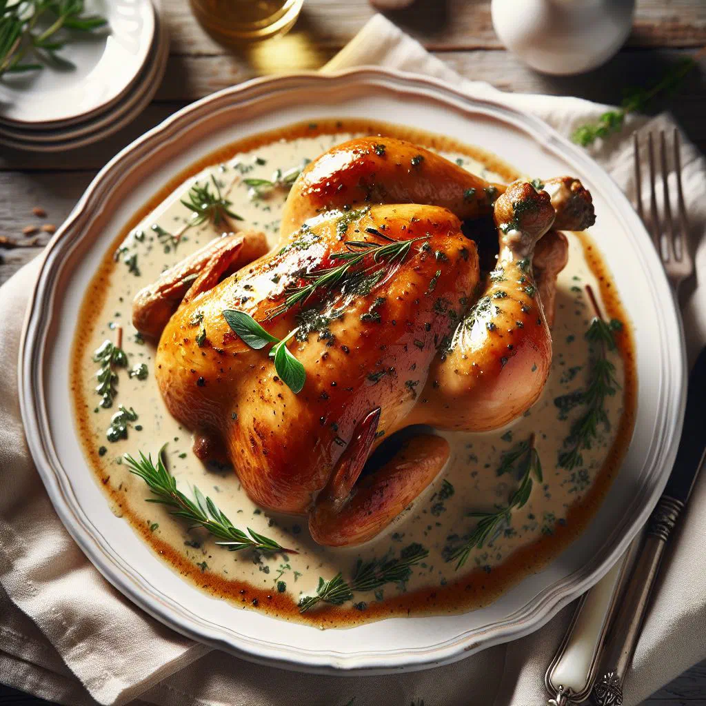 Tarragon chicken in a creamy sauce garnished with fresh tarragon leaves