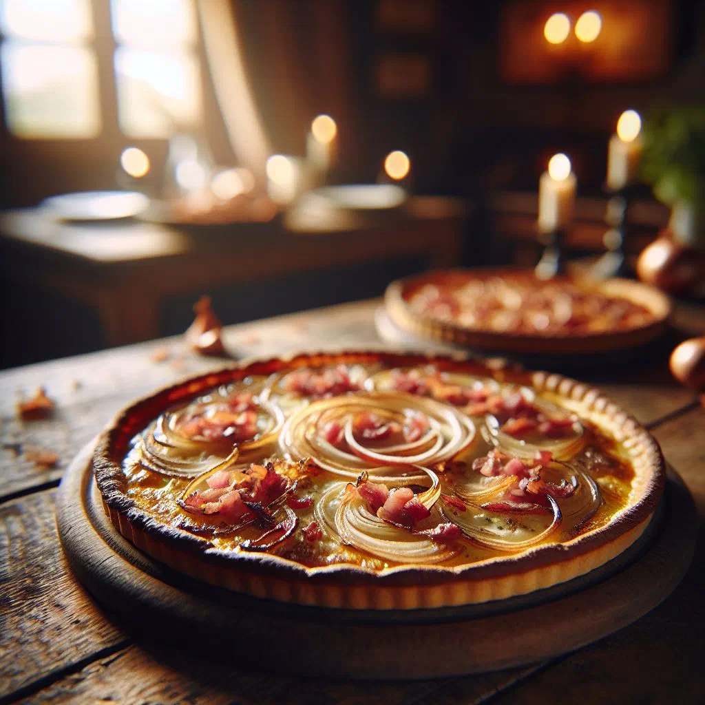 Crispy tarte flambée topped with crème fraîche, onions and bacon