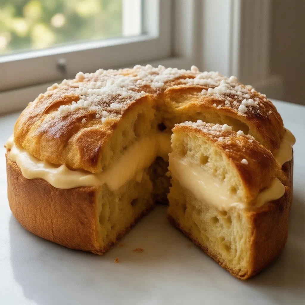 Tarte Tropézienne brioche cake filled with vanilla cream and dusted with icing sugar