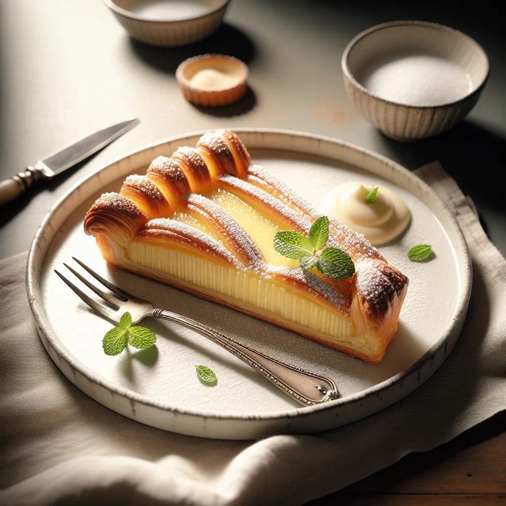 Tarte Tropézienne brioche cake filled with vanilla cream and dusted with icing sugar