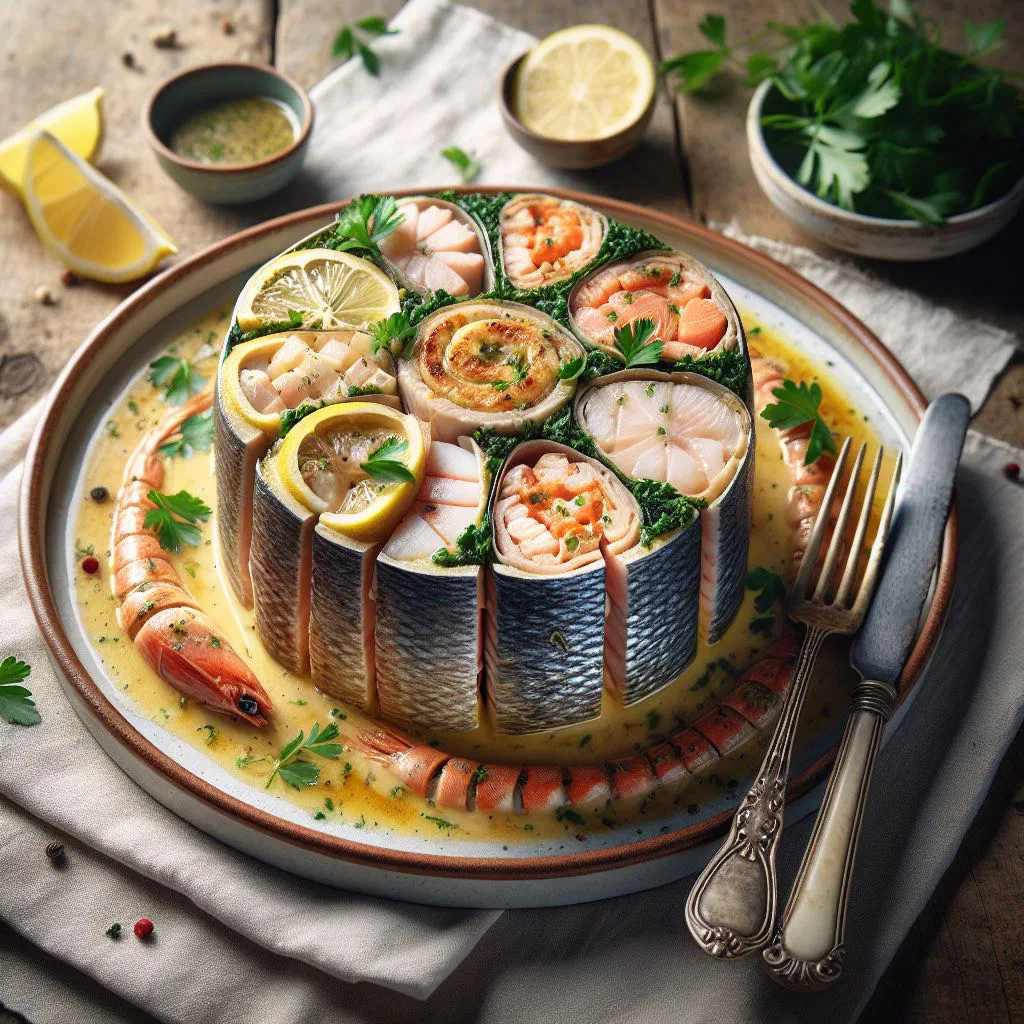 Timbale de poisson turned out onto a plate with fresh herbs and lemon
