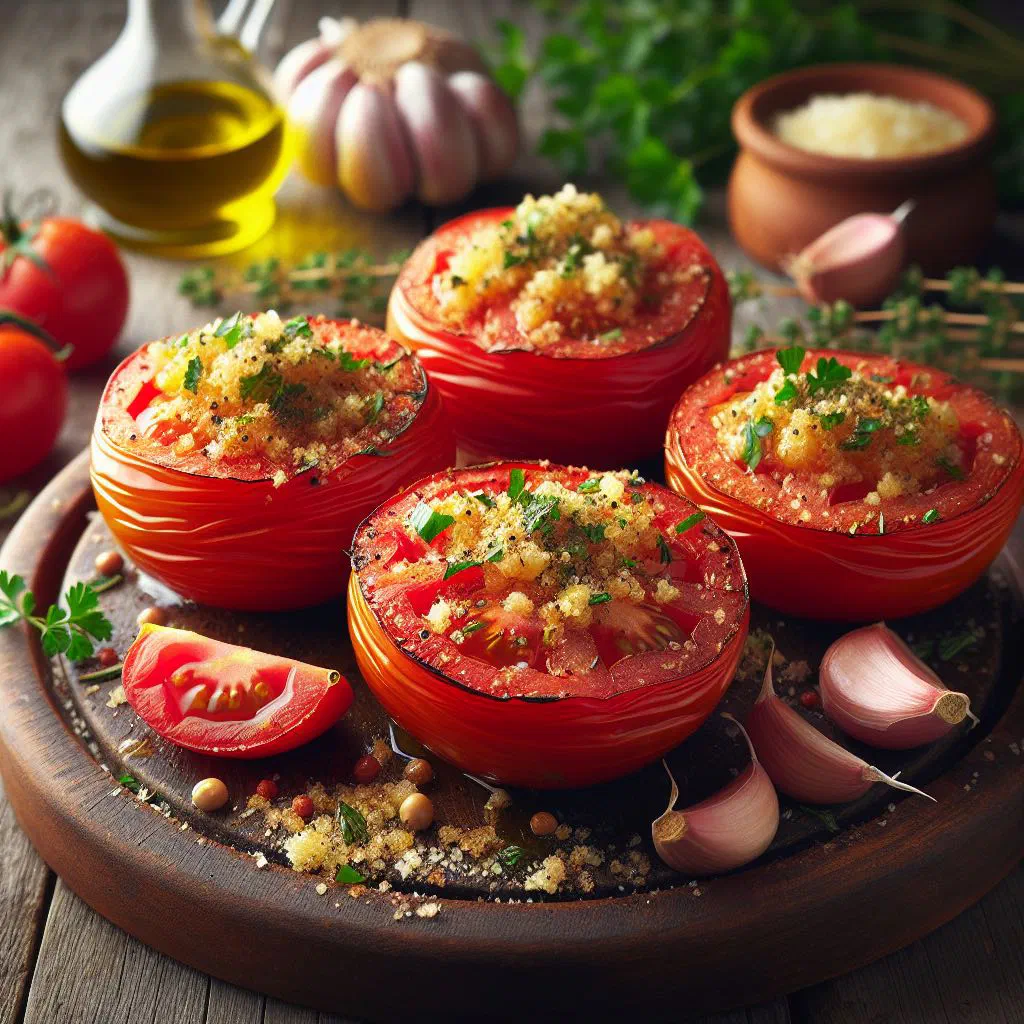 Baked stuffed tomatoes with a golden herb and breadcrumb topping