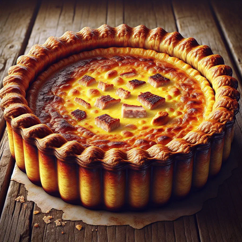 Golden tourte lorraine with a creamy bacon and egg filling in shortcrust pastry