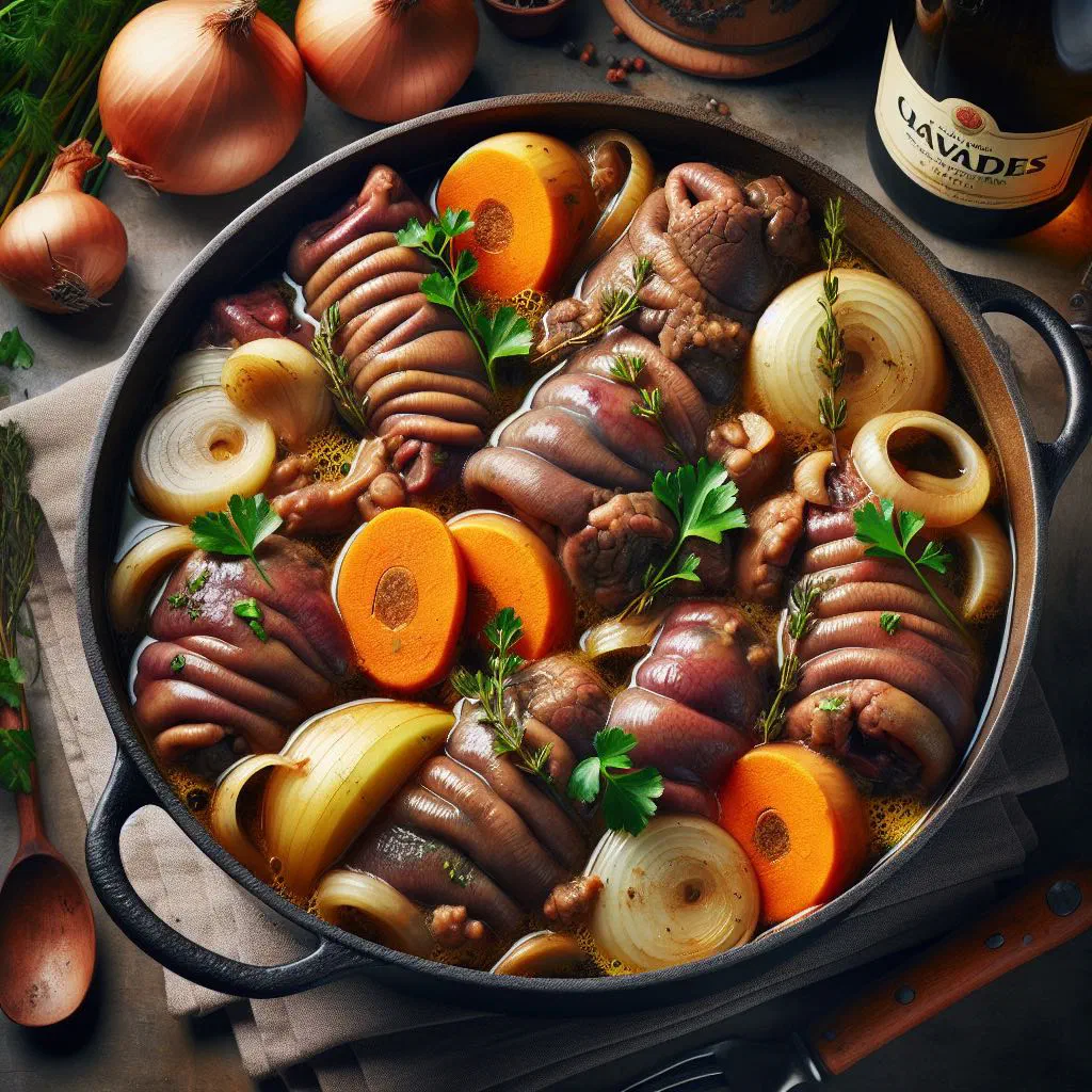 Tripes à la mode de Caen slow-braised with vegetables in a rich Calvados sauce