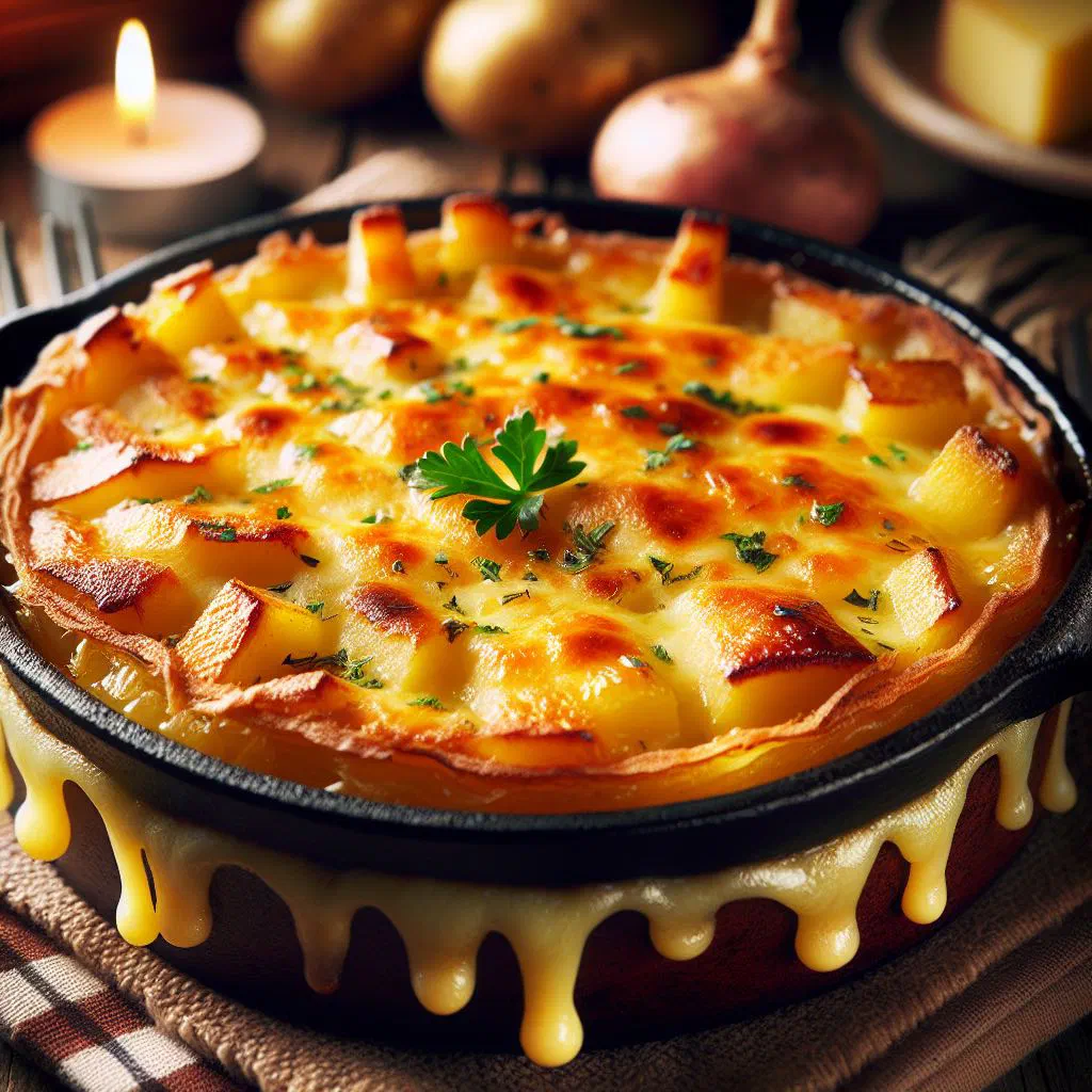 Truffade with melted cheese and golden potatoes in a pan, topped with fresh herbs