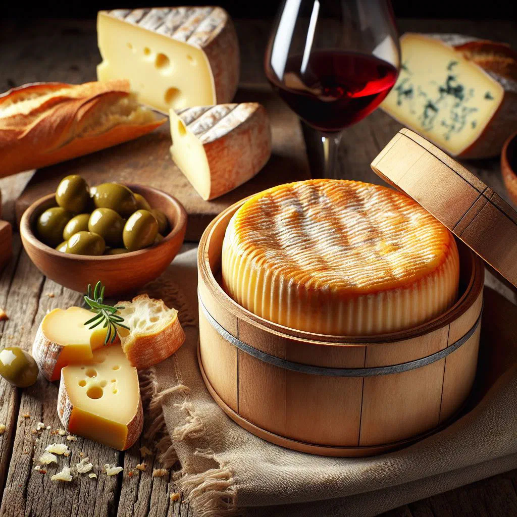 Vacherin Mont d’Or baked in its wooden box with melted, oozing cheese