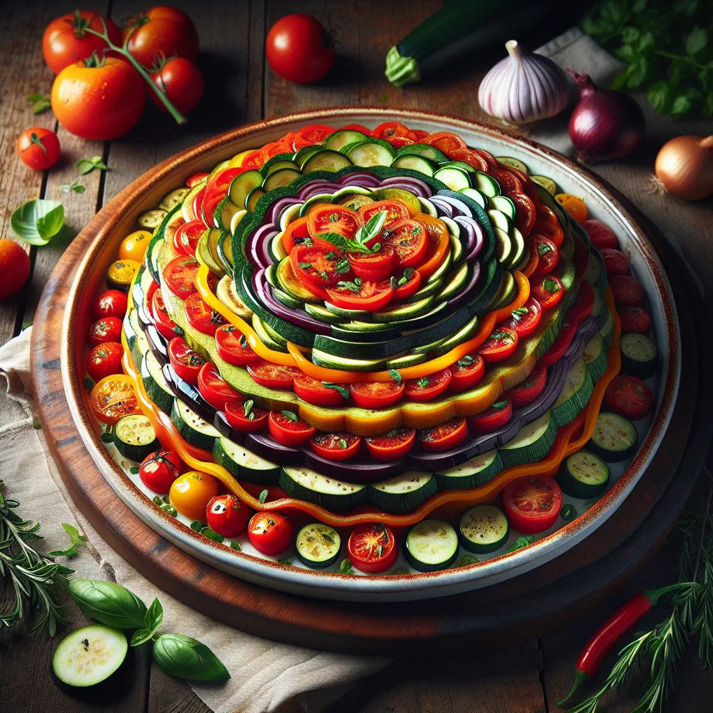 Golden vegetable timbale with a crisp puff pastry crust and fresh herbs