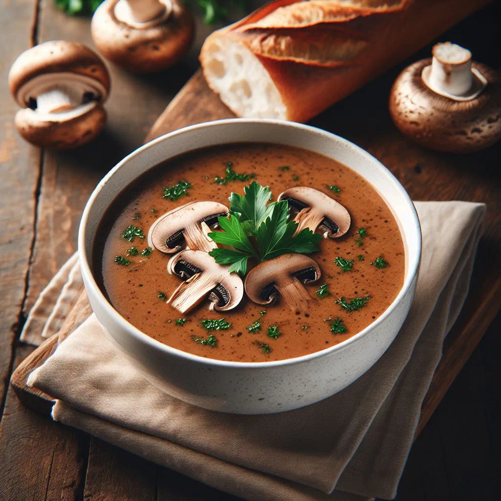 Creamy French mushroom velouté garnished with fresh parsley