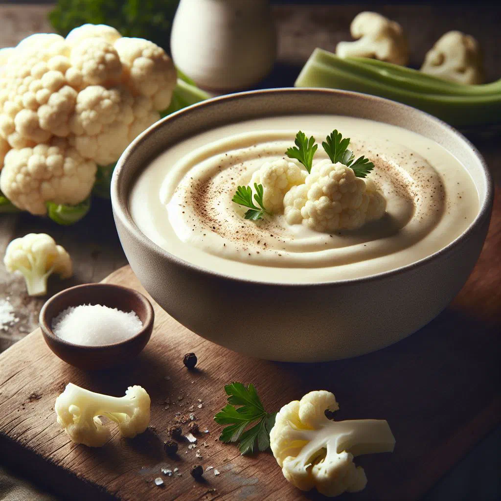 Creamy cauliflower velouté garnished with fresh herbs in an elegant bowl
