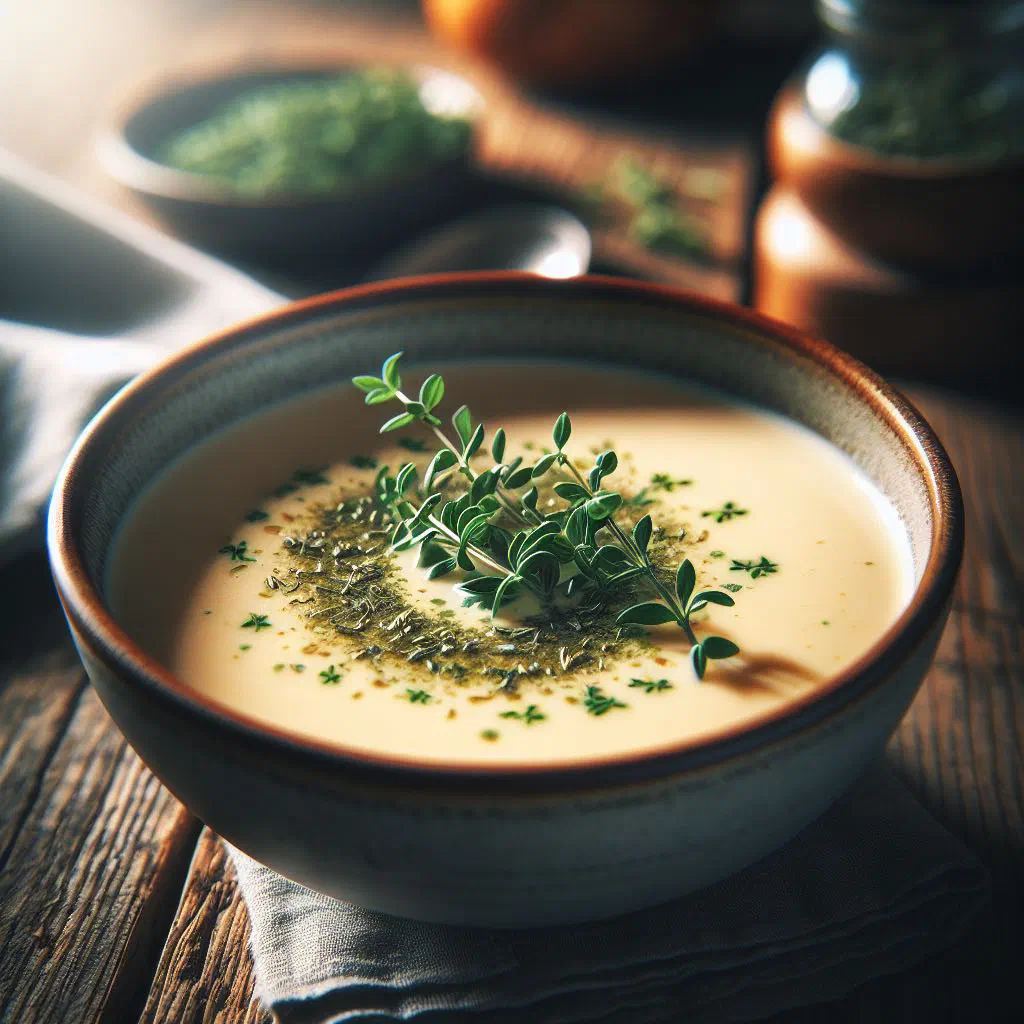Smooth, velvety French velouté sauce in a pale bowl garnished with fresh herbs
