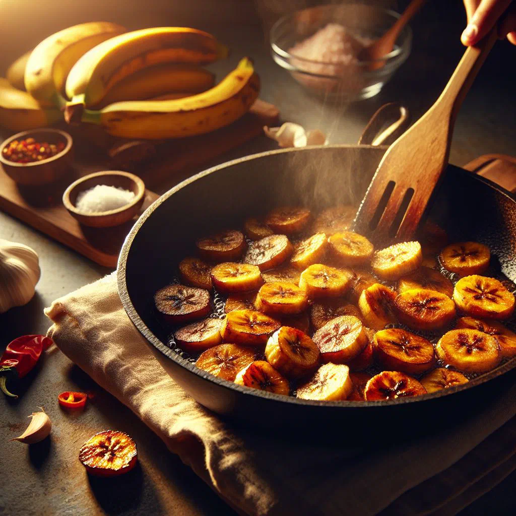 Golden fried plantain slices sprinkled with salt on a plate