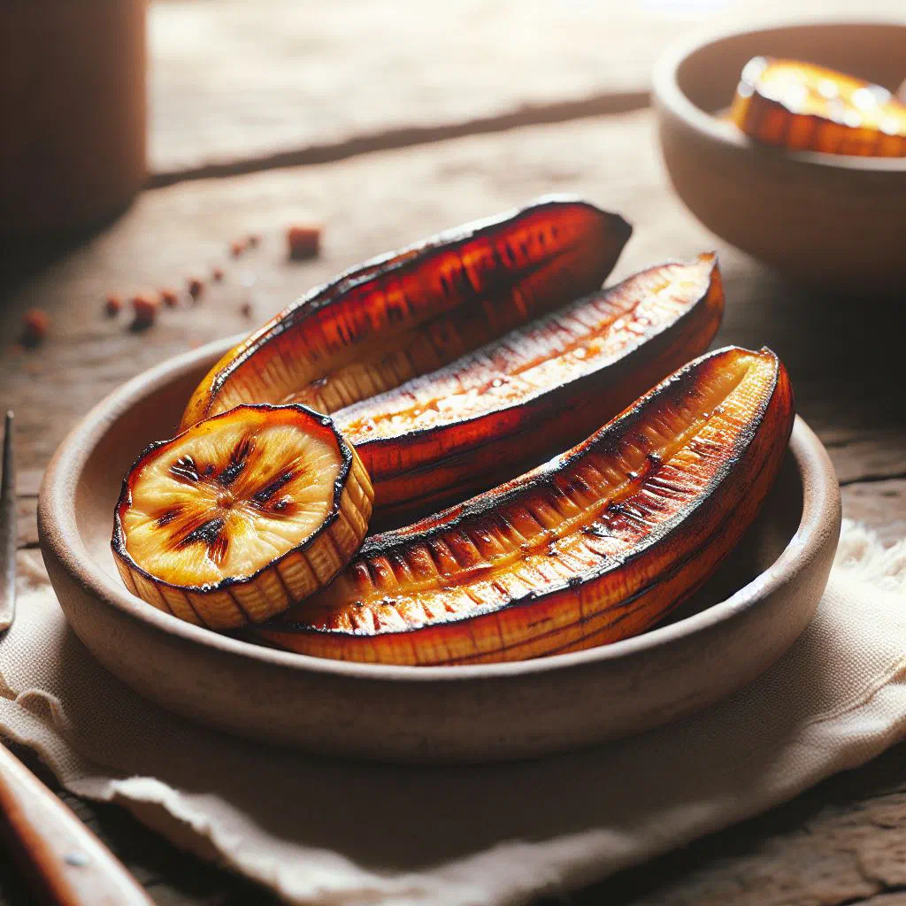 Grilled plantain slices, golden brown and caramelised, on a serving platter