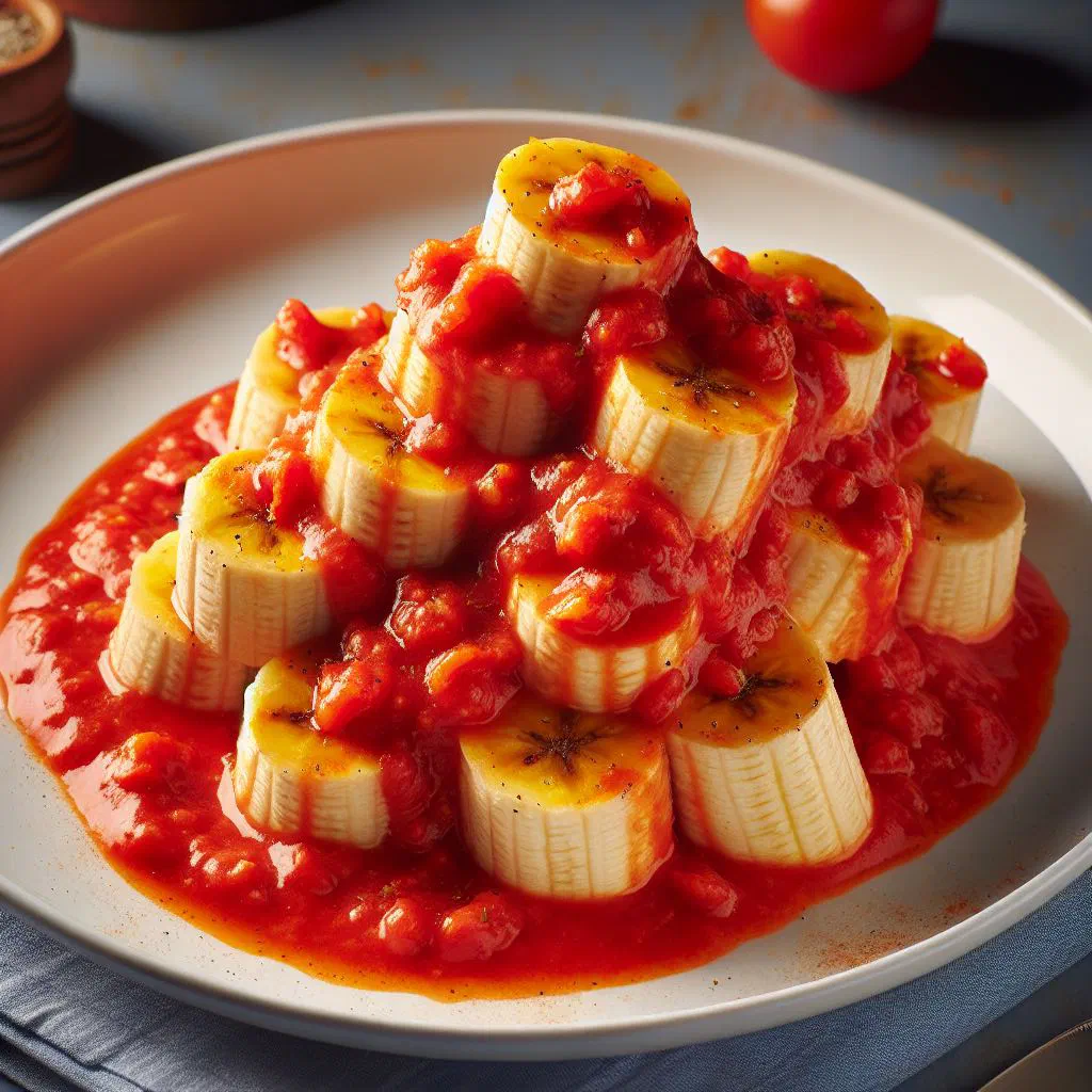 Banana pieces simmered in a rich tomato sauce, garnished with fresh herbs