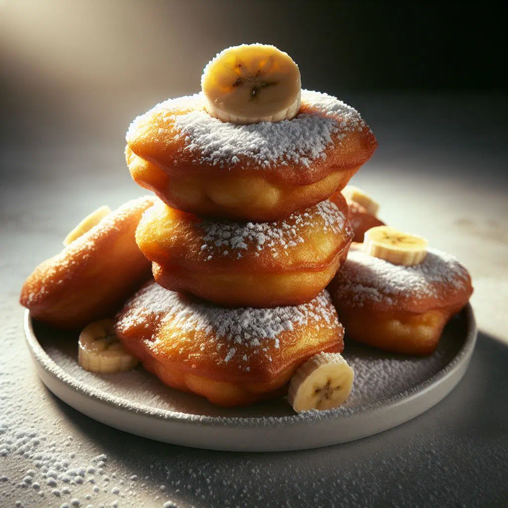 Golden banana fritters dusted with icing sugar on a plate