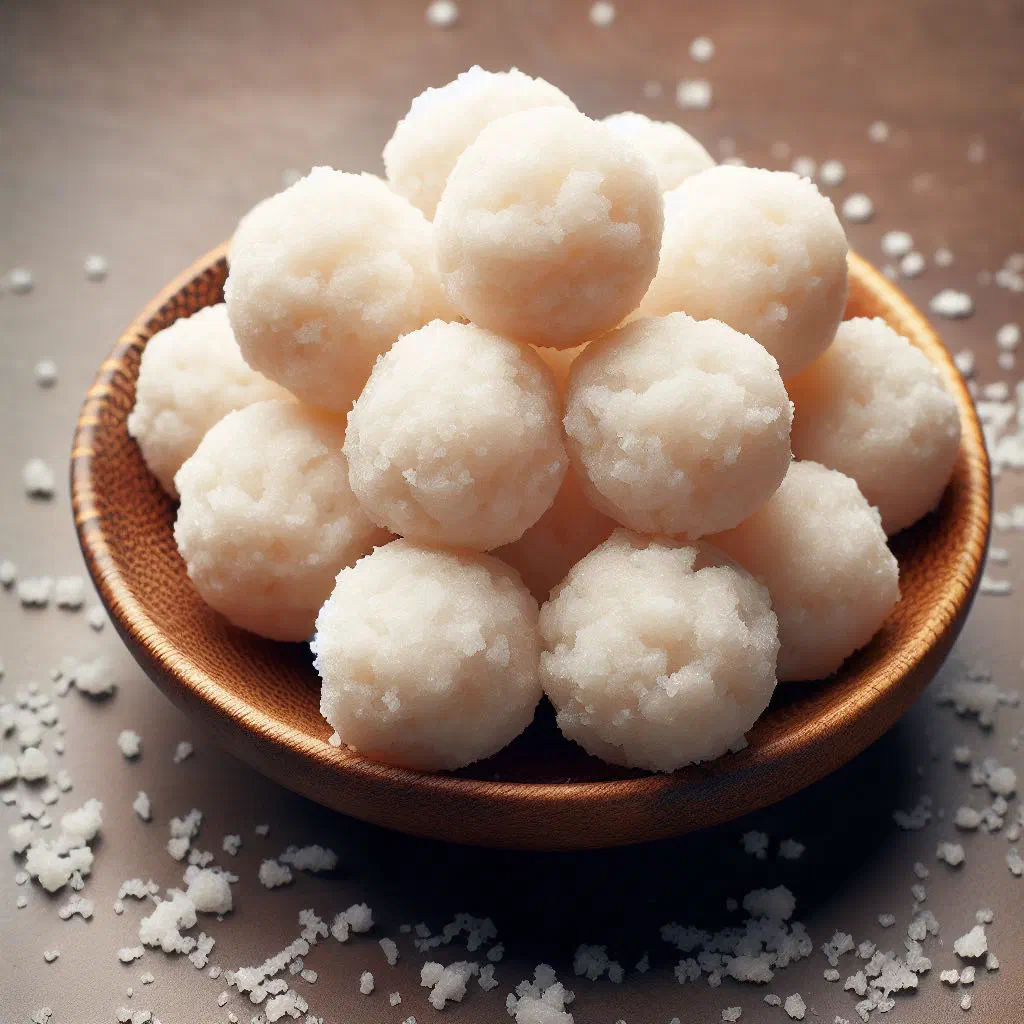 Round cassava flour dumplings on a plate with fresh herbs