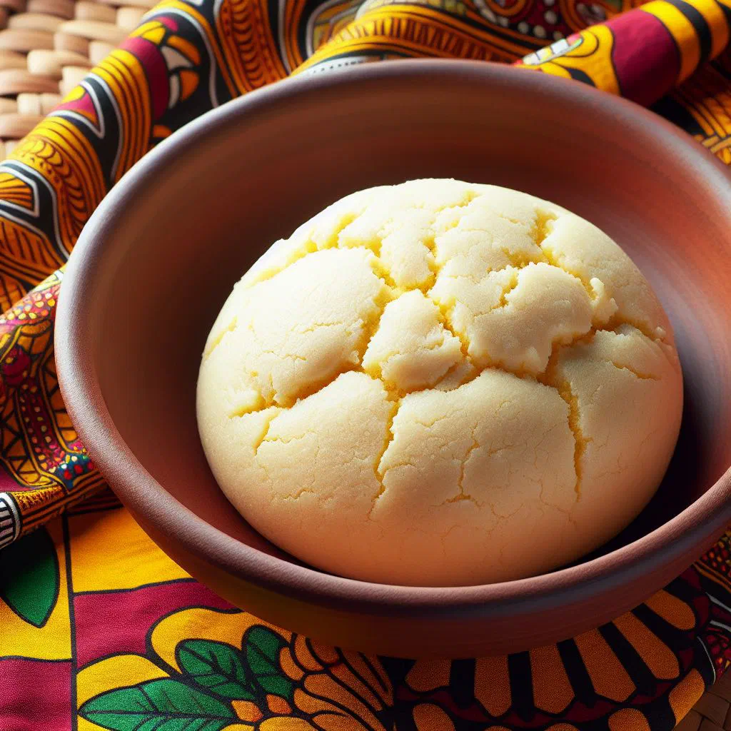 Smooth white cornmeal fufu shaped into a mound in a bowl